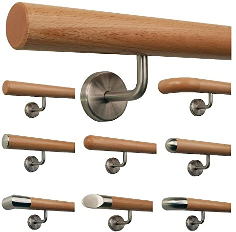 TIBU Main courante en hêtre avec poignée en bois de hêtre - Support en acier inoxydable - Longueur 30 - 500 cm en une seule pièce / variante : 150 cm avec 3 supports biseautés