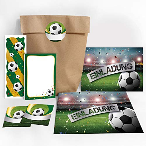 JuNa-Experten 6 Einladungskarten zum Kindergeburtstag Fußball Fussball Party/Einladungen zum Geburtstag incl. 6 Umschläge, 6 Party-Tüten/natur, 6 Aufkleber, 6 Lesezeichen, 6 Mini-Notizblöcke
