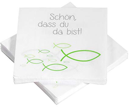in due 20 Servietten Fische Ichthys 'Schön, DASS du da bist!' 33x33 cm - grün - für Kommunion, Taufe oder andere Festliche Anlässe