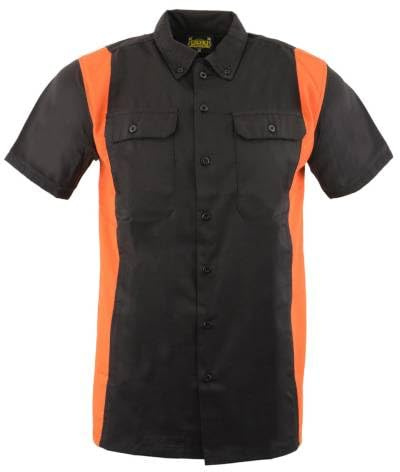 Biker Clothing Co. MDM11675 Men’s Black-Neon-Orange Button-Up Heavy-Duty Work Shirt - Classic Mechanic Shirt w/Pockets - Large