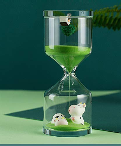 Falytemow 30 Minutes Hourglass with Green Farm Sand Timer Cute Cow Desktop Decoration for Kitchen School Teaching