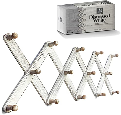 Mercurial Trade Expandable Wooden Coat Rack Hanger – Accordion Wall Mounted Pine Wood Hooks – Hand Made Vintage Expending Pegs – Hang Coat, Jacket, Hat, Leash, Towel, Mug, Bag – Distressed White