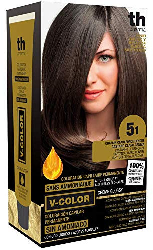 Thader Th Pharma V-Color Kit de Tinte permanente Sin Amoniaco con Oro Líquido 100% Cobertura de canas, 120 ml (No. 5.1 Castaño claro ceniza)