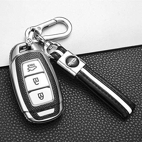 ontto Autoschlüssel Hülle für Hyundai Veloster Kona Palisade Solaris i30 i30n Ix35 Santa Fe Azera Tucson Fernbedienung Cover TPU Leder Schlüsselhülle Schlüsselanhänger Schlüssel Schutz Etui-Silber
