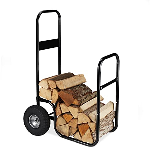 Relaxdays Kaminholzwagen, Brennholzwagen aus Stahl, mit 2 Luftreifen, bis 60 kg, Holztransport & -aufbewahrung, schwarz