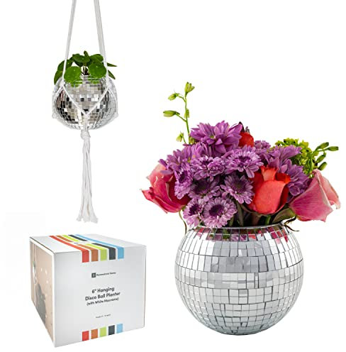 Havenstone Home Hanging Disco Ball Planter 8 - with Acrylic Stand and Macrame Plant Hanger - Home Décor, Room Décor, Mirror Disco Planter, Disco Decor (6 with White Hanger, Flat Base)