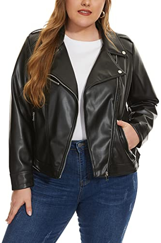 Fahsyee Women's Faux Leather Jackets, Plus Size Zip Up Motorcycle Short PU Moto Biker Outwear Fitted Slim Coat Black 3X