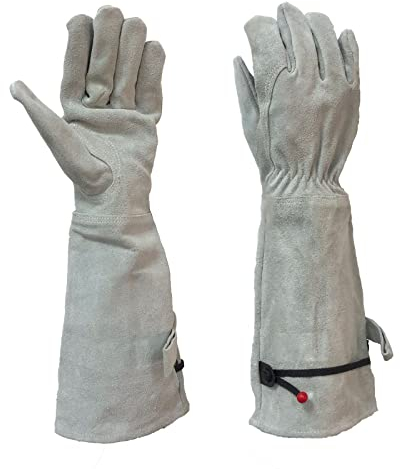 Leder Handschuhe mit Langem Unterarm Schaft Verstellbarer Arbeitshandschuhe Wasserdicht Dornensichere und StichfesteGartenhandschuhe für Garten und Bodenarbeiten,White,M
