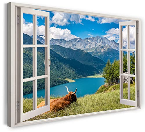 Printistico Bilder Fensterblick 60x40cm Baumwoll-Leinwand auf Keilrahmen mit Aufhänger moderner Kunstdruck XXL Wandbilder Wand-Dekoration Ochse Berge Natur Aussicht Wiese - Natur-Fotografie
