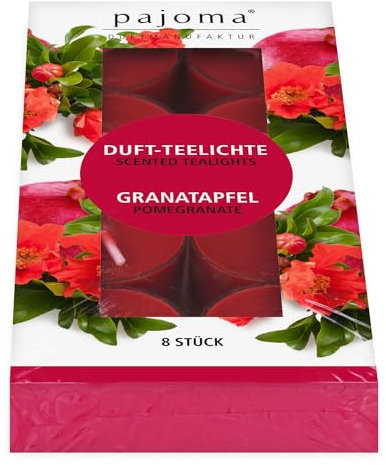 pajoma® 8 lumini da tè in melograno | candele profumate in custodia in policarbonato durata circa 4 ore – altezza 1,5 cm Ø 3,5 cm | qualità premium | decorazione, gastronomia, outdoor, portacandele a