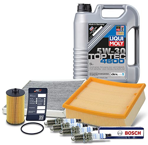 BESTPRICE Inspektionspaket Filterset mit 1x Luftfilter, 1x Innenraumfilter (Aktivkohle), 1x Motoröl 5W-30 Top Tec 4600 5 l, 1x Ölwechselanhänger, 4x Zündkerze Kompatibel mit OPEL CORSA D (S07)
