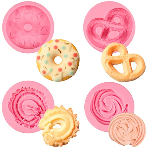 nklbio Donut Fondant Molds 4Pcs Silicone Cookie Molds for Baking Cake Decorating Candy Chocolate Flower Paste Sugar Craft Marzipan Jelly Mousse Clay Projects Resin Gypsum