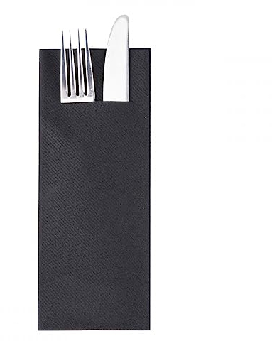 Besteckserviette Bestecktasche aus hochwertigem schwarzem GMIAir light Material PUB mit praktischem Besteckschlitz für hygienische Aufbewahrung, 40 x 33 cm, 1/8 Falz, 75 Stück