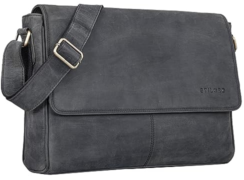 STILORD Umhängetasche aus Echtleder schwarz - 15 Zoll Laptoptasche - Vintage Messenger-Bag - Leder-Kuriertasche Oskar