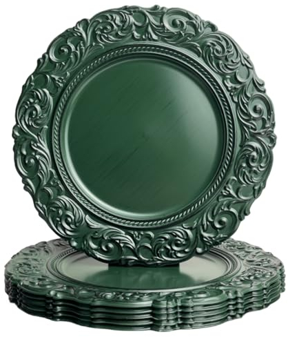 Umisriro Antique Green Charger Plates Embossed Rim, 13 Inch Dinner Plate Chargers Round Server Ware. Set of 6 Plastic Embossed Charger for Dinner, Wedding, Christmas, Thanksgiving