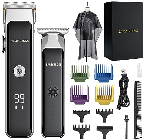 BarberBoss Cortapelos y barba portátil para hombre, con hoja de cerámica, esfera de precisión, peines guía, carga USB, pantalla rojo/verde, QR-2682
