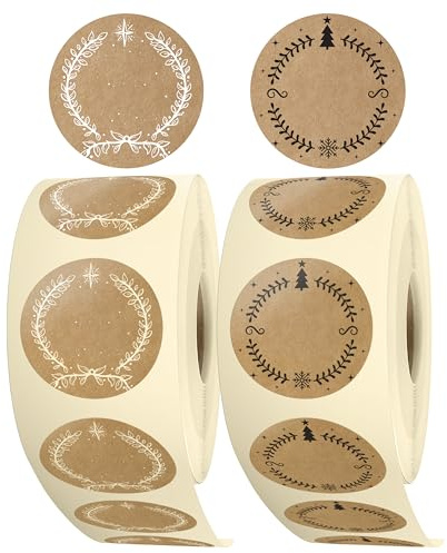 colortouch Aufkleber zum Beschriften Weihnachten - 1000 St Beschriftbar Kraftpapier Optik Geschenkaufkleber - 35 mm Rund Rolle Vintage Weihnachtsdeko für Verpackung, Geschenke - Sterne, Tannenbaum