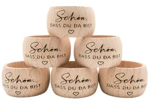 6 Stück Serviettenring aus Holz Schön dass du da bist - Serviettenhalter aus Buchenholz, Tischdeko (Außendruchmesser 3,5cm)