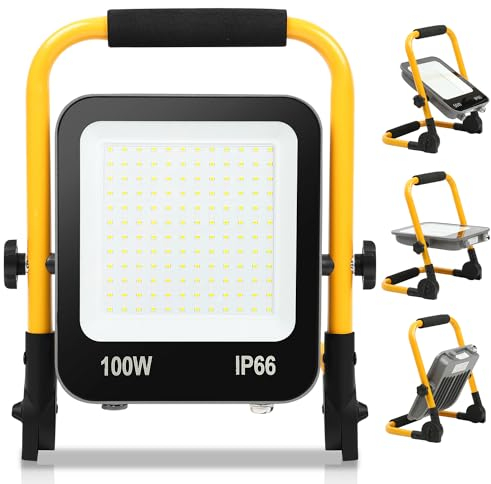 Randaco LED Baustrahler, 100W 10000LM Tragbar LED Arbeitsleuchte Baustrahler 6000K Kaltweiß Bauscheinwerfer, IP66 Wasserdicht mit 3M Kabel und Faltbarer Ständer, für Baustelle (mit Stecker)
