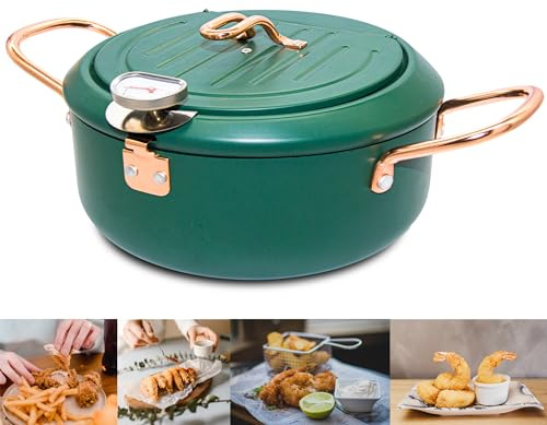 Cyrder Deep Fryer Pot, 4.3L/11 Inch Japanese Tempura Frying Pot with Fahrenheit Thermometer, Nonstick Carbon Steel Oil Fryer, for Tempura/Frech/Fish/Chicken Fries, Easy Clean, Green