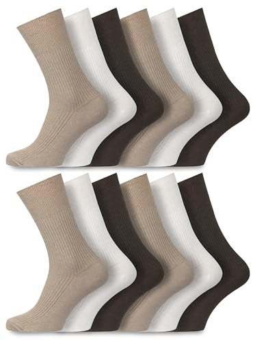 Socksmad 12 par stora fötter för män 100 % bomull icke-elastisk diabetesvänlig extra breda strumpor UK 11-14 flerfärgade paket, Bruna, 45-48 EU