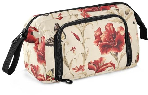 Vintage Red Rhododendron Pencil Cases Large Capacity Pencil Pouch Bag with Zipper Handle Case for Kids School