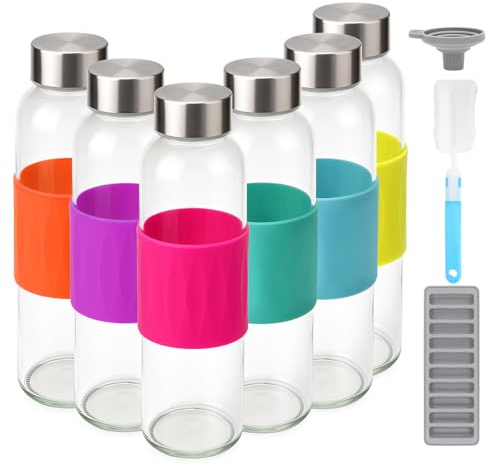 Zukro 18 oz Glass Water Bottles with Lids, 6 Pack Leak Proof Juice Bottles With Stainless Steel Cap for Juicing, Smoothie, Homemade Beverages Container, Reusable Drinking Jar with Grip Band, BPA Free