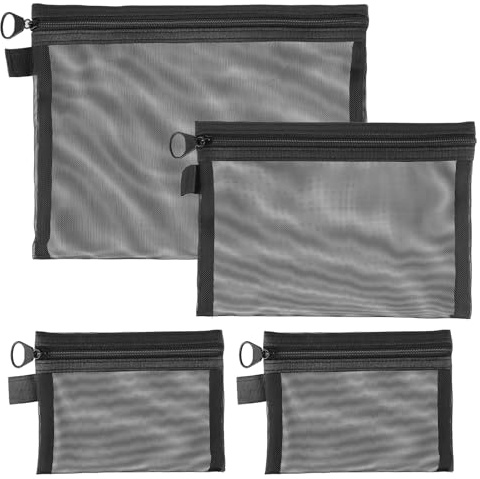 Dimeho 4 Stück Kulturbeutel, Reise Zip-Kulturbeutel Nylon Mesh Geldbörse Netztasche mit Reißverschluss, 3 Größen Make-up-Tasche, wasserdichte Netz-Reißverschlusstasche Organisationstaschen (schwarz)
