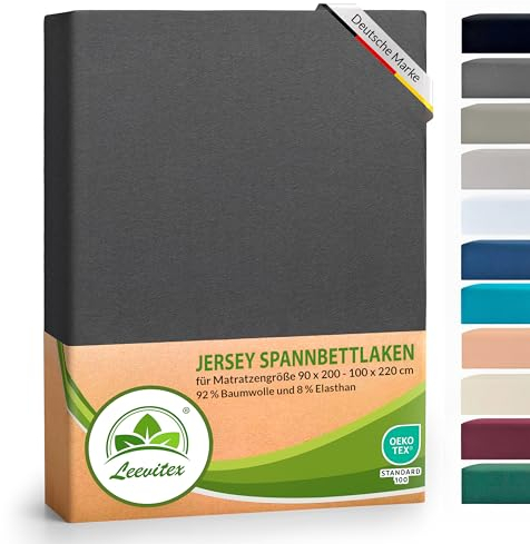 leevitex® Luxus Elasthan Jersey Spannbettlaken | 90x200 – 100x220 cm | Multistretch | 250 g/m² | 92% Mako-Baumwolle 8% Elasthan | 40cm Steghöhe | außergewöhnlich hochwertige Ausführung | Anthrazit