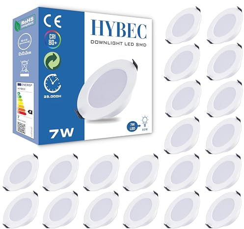 HYBEC - Downlight LED Empotrable de Techo, 7W, Foco Interior, Driver Incluido, Luz Neutra 4000ºK (Pack 20)