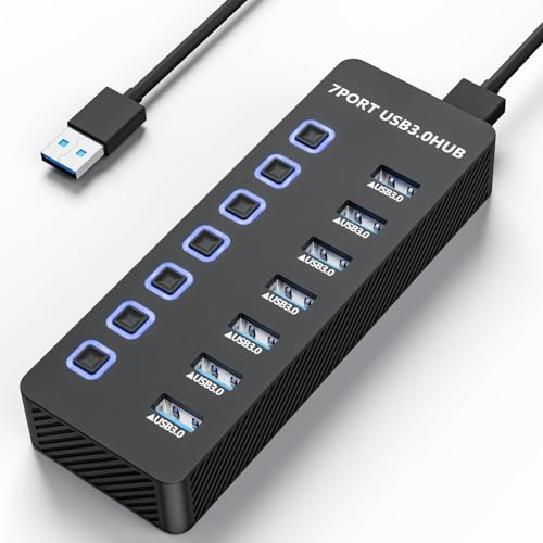 Likorlove USB Hub 3.0, 7-Port USB Verteiler mit Schalter & LED, Datenhub 5 Gbit/s, 60 cm Kabel, ultradünn, kompatibel mit PC, Laptop, MacBook, iMac, Surface Pro, PS4/PS5 (USB-L50)