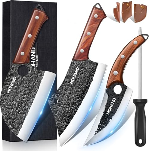 MDHAND Butcher Knife Set, 8PCS Hand Forged Butcher Chef Knife Set with Gift Box, Meat Cleaver Knife for Kitchen, Bone Chopper Knives & Viking Knives for Home & Outdoor Camping BBQ, Gift for Men
