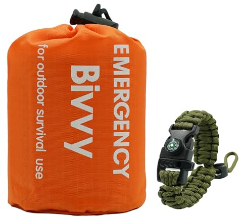 RLXMARTD Notfallschlafsack Bivy Taschen Biwaksäcke und Notfall-Überlebens-Armband Anzug,mit Kompass, Pfeife und Schirmseil.Geeignet für Notfallüberleben, Outdoor Wandern, Camping ﻿