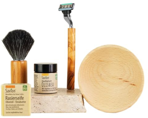 Savion | Natürliches Rasierset aus Holz | Rasierseife, Pinsel & Rasierer | Für eine sanfte Rasur | Made in Germany
