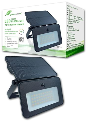 greenandco 2x Projecteur solaire LED pour l'extérieur avec détecteur de mouvement | 1000 lm | intensité réglable sur 3 niveaux | couleur de lumière réglable 6500/4000/3000 K | IP65 | Applique murale