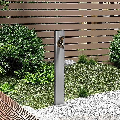 Outdoor Courtyard Freestanding Garden Water Column with Faucet Irrigation Water Fountain Post Winter Anti Freeze Spray Gun Hose Holder Birds Taps and Stainless Steel Pillar Silver.