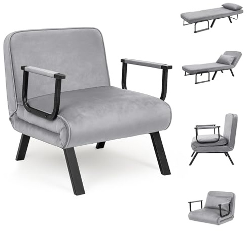 CROWNSHOP Folding Sofa Bed 4-in-1 Convertible Single Chair Bed with 6-Position Backrest and Pillow, Folding Sleeper Couch with Back Upholstered Seat Single Flip Chair for Living Room (Gray)