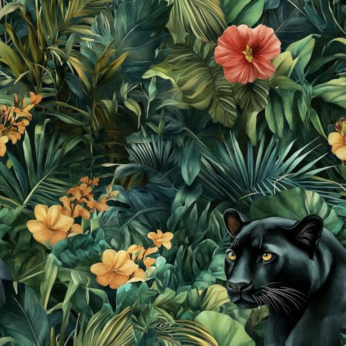 Selbstklebende Tapete Grüne tropische Pflanzen Mustertapete Schwarzer Panther Klebefolie Möbel Tapete Kinderzimmer Muster Dekofolie Möbelfolie Selbstklebend Wand Tapeten Wohnzimmer Schrankfolie Klebe