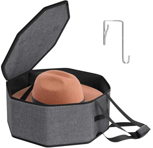 Caja de almacenamiento plegable para sombreros con gancho y asa para viajes (gris)