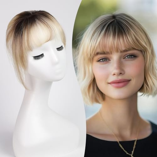 EMMOR Clip in Pony, 100% Echthaar Pony mit 3 rutschfesten Clips, 360° Deckhaar-Aufsatz mit 11 cm natürlichen Ponyfransen zur Verschönerung der Gesichtszüge(Ombré Ausgebleichtes Blond-1)