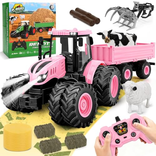 Herenear RC Trattore Telecomandato per Bambini, Trattore Radiocomandato con Rimorchio Giocattolo e Luce, Giocattolo per Bambini di 3, 4, 5, 6, 7 Anni (Rosa)
