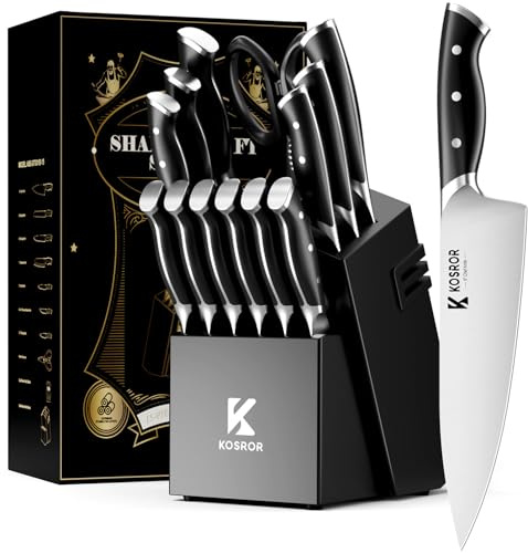 KOSROR Kitchen Knife Set with Block: 15-Piece German Stainless Steel with Dual Sharpener for Beginners - Covers 95% Kitchen Tasks - Black Full-Tang Ergonomic Handle, Dishwasher Safe, Easy to Use