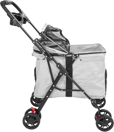 Jiawu Mittelgroßer Hundewagen mit Atmungsaktivem Netzdach, Zusammenklappbarer Haustier-Joggingwagen für Spaziergänge Im Freien (GREY)