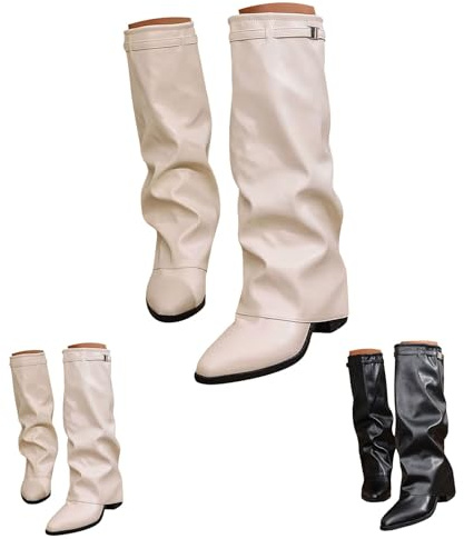 Generiska vida stövlar dam vikbar över, knähöga stövlar dam platå vinterstövlar eleganta skaftstövlar blockklack slip-stövlar med bältesspänne cowboystövlar bekväma mellanrör stövlar, Vit, 39 EU