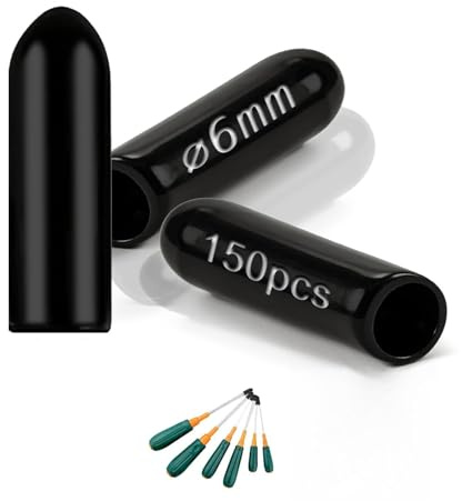 PDKKFF 150 Stück Gummi Endkappen 6mm ID, Gummikappen Schwarz | Rund Gummi Stopfen, PVC Schutzkappen für Schrauben Gewindebolzen Drahtseile Rohre Stuhlbeinkappen Haken