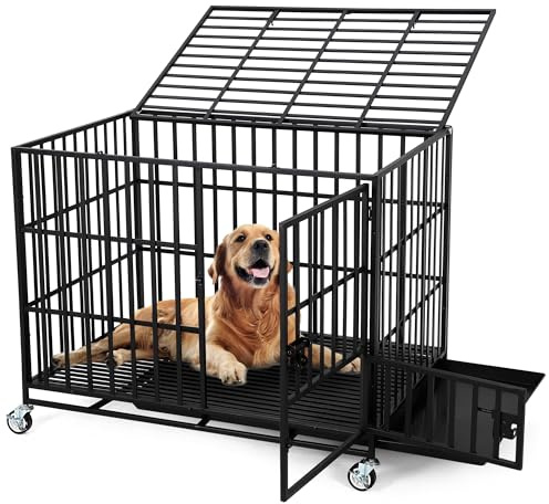 92cm Schwerlastiger Hunde-Käfig Aus Metall Mit 3 Türen, Ausbruchssicherer Innen-Transportkäfig Mit Rollen & Ablagewanne, Extra Große Box Für Große Hunde, Leicht Zu Reinigen (Schwarz)
