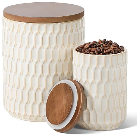 ArteBake Ceramic Canisters Sets for the Kitchen, Flour Sugar Storage Containers, Diamond-Patterned Design, Coffee Canister with Airtight Lid for Counter Spice and Food (White Sets of 2)
