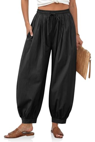 Cicy Bell Womens Baggy Pleated Harem Pants Summer Elastic High Waisted Wide Leg Balloon Cotton Lounge Pants Black