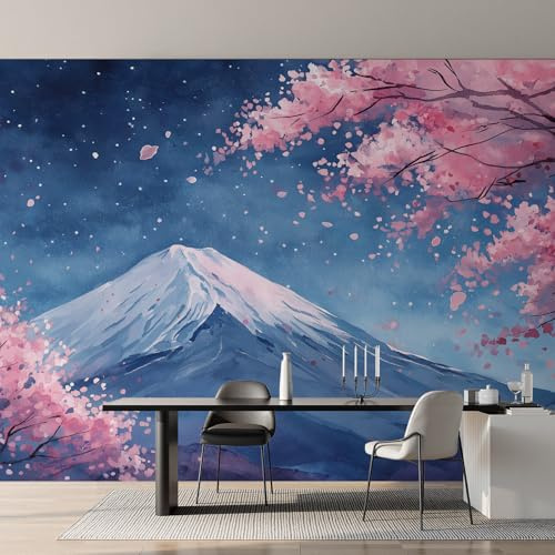 Générique Papier Peint Panoramique Fleurs de Cerisier Japonais, Papier Peint Mont Fuji 350x256 cm, Fresque Murale Intissé, Décoration Murale Salon Chambre