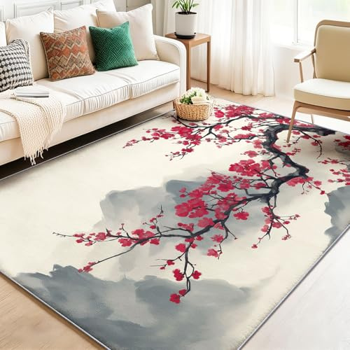 Tappeto Salotto Fiori Di Prugna Rossa Cinese Tappeto Soggiorno, Camera da Letto, Pranzo Moderni Tappeti, Morbido e Pelo Corto, Ampio 160 x 230 cm, Montagne Grigie